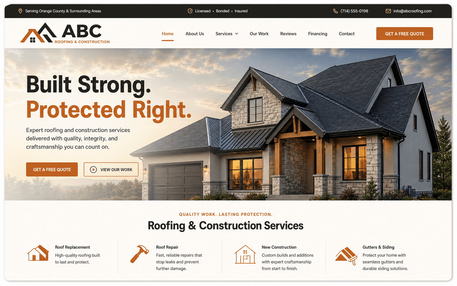 ABC Roofing & Construction website homepage mockup